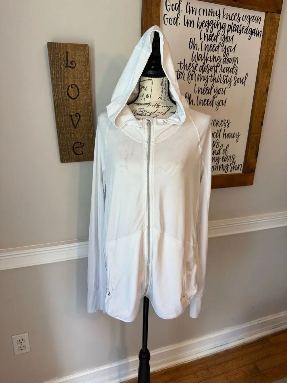 Athleta Women's Thumbhole Lightweight Full Zip Jacket Hoodie White Size Large